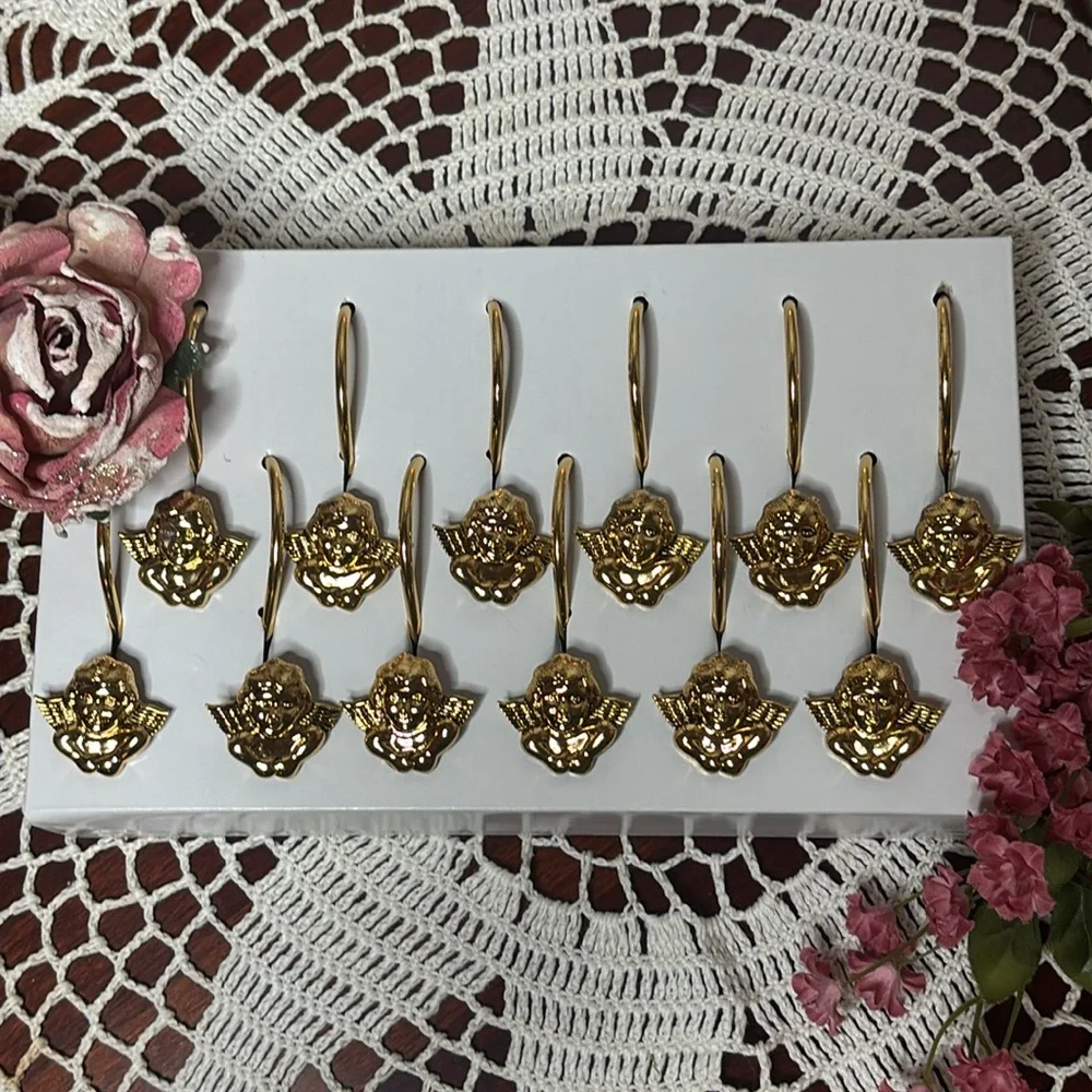 Vintage Shower Curtain Rings Victorian Cherub Angel Gold Brass Hook Set of 12